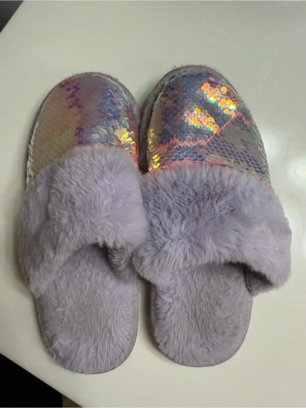 Iridescent Sequin Lavender Fuzzy Slide Slippers